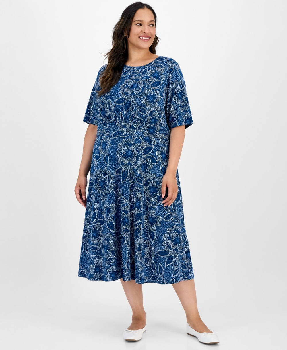 London Times Short-Sleeve Printed Fit & Flare MIDI Dress - Navy Blue-18W